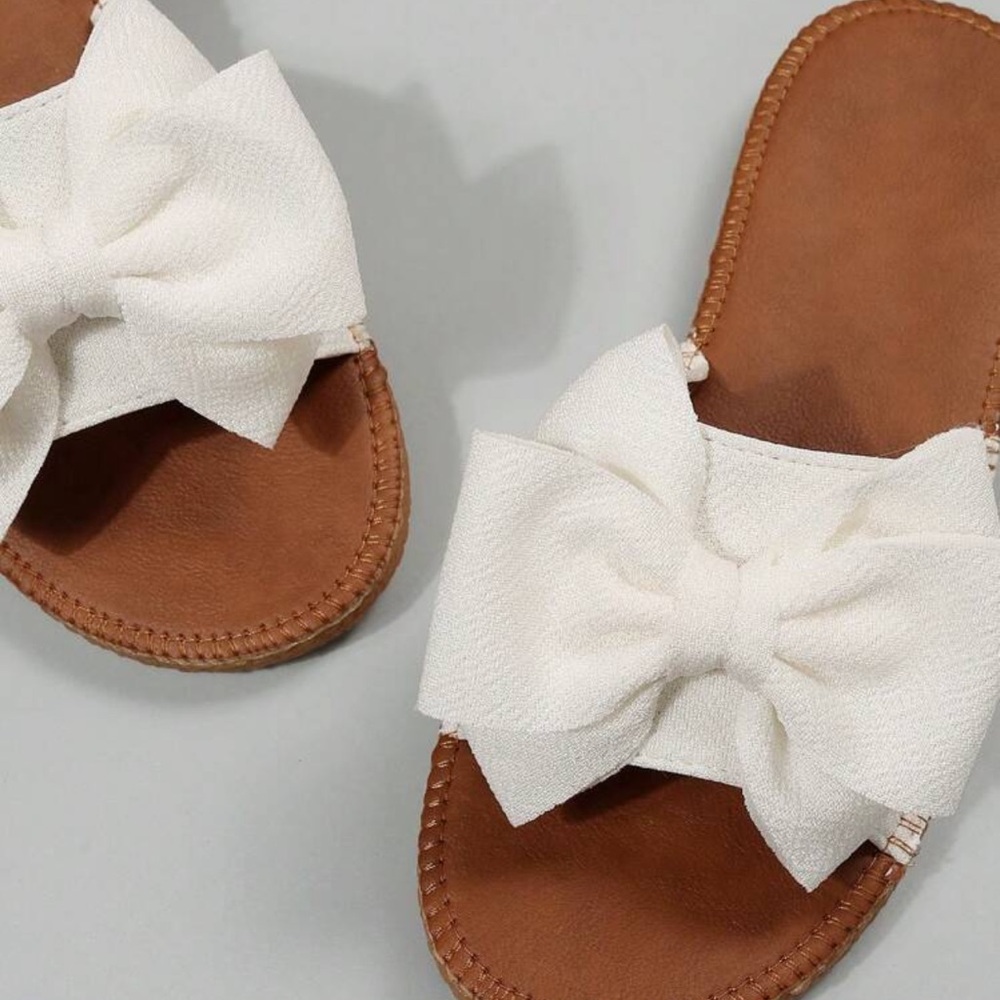 Preppy Slide Sandals For Women, Bow Decor Single Band Flat Sandals - Picture 4 of 6
